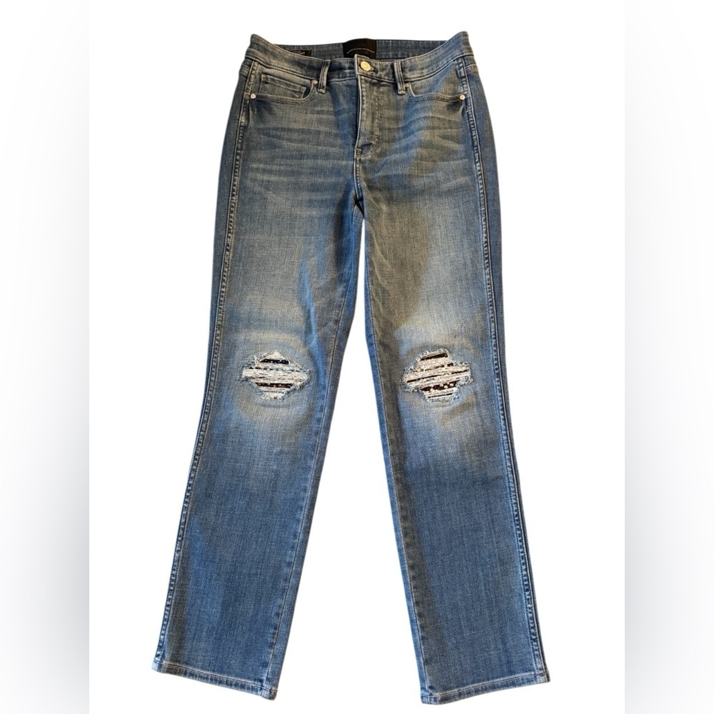 White House Black Market Womens Distressed Blue Jeans knees w sequin design Sz 4